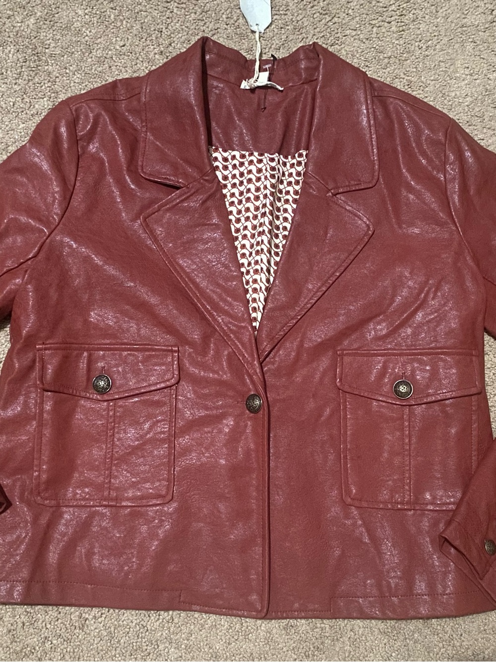 Mystree Brick Red Faux Leather Notch-Lapel Jacket